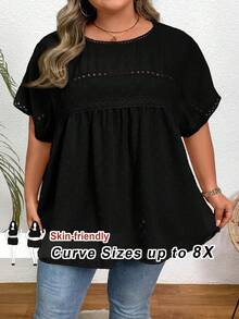 SHEIN CURVE+ Áo sơ mi Dolman ren tương phản cỡ lớn của Thụy Sĩ - màu đen - Xem 1