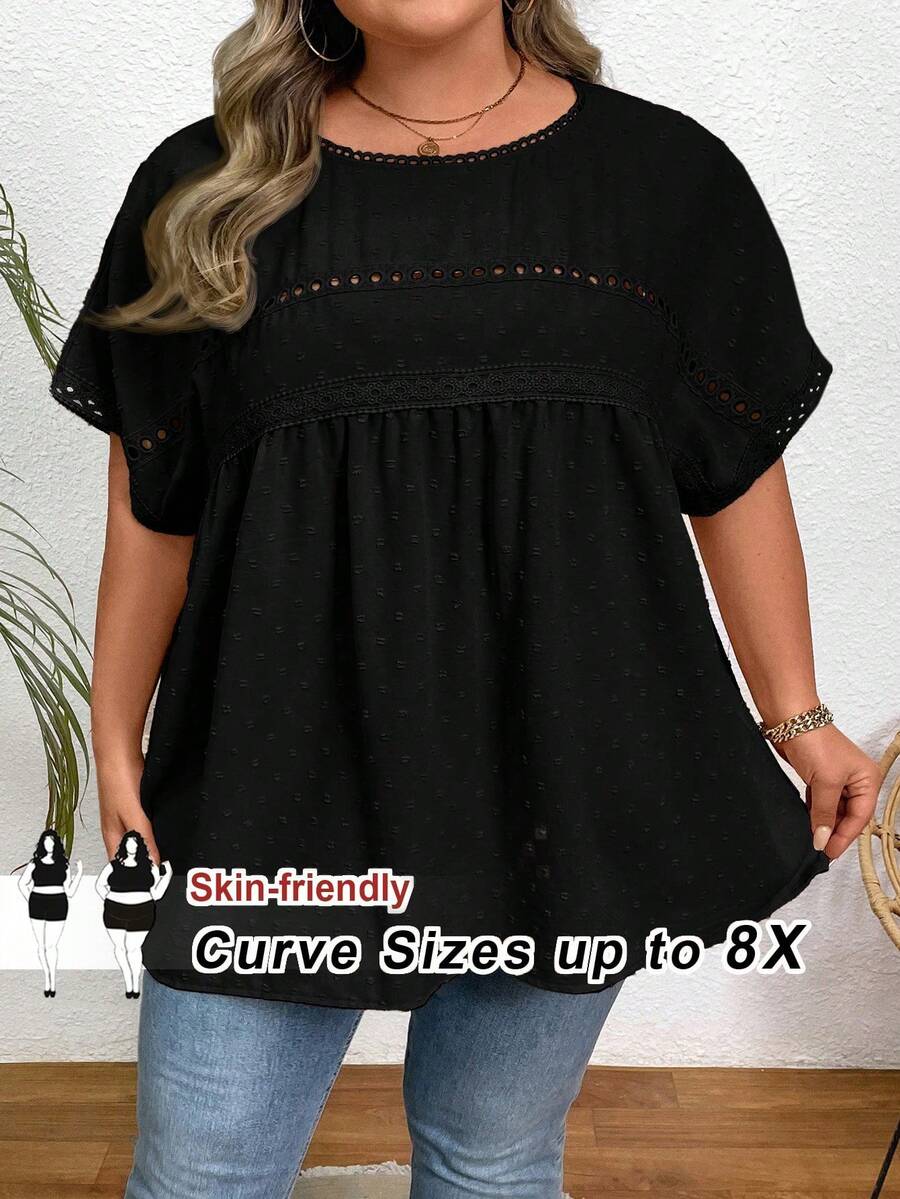 SHEIN CURVE+ Áo sơ mi Dolman ren tương phản cỡ lớn của Thụy Sĩ - màu đen - Xem 1