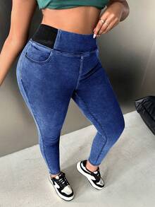 Slaydiva 加大码高腰弹力黑色紧身牛仔裤镂空服装圣诞节女装感恩节女装返校节冬装牛仔女装羊毛牛仔裤羊毛紧身裤