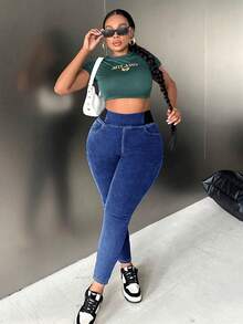 Slaydiva 加大码高腰弹力黑色紧身牛仔裤镂空服装圣诞节女装感恩节女装返校节冬装牛仔女装羊毛牛仔裤羊毛紧身裤