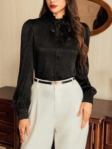 Vintamour 复古优雅女士衬衫，荷叶边领口、蝴蝶结袖口和褶皱细节设计，长袖休闲工作衬衫，适合秋季、返校季和冬季穿着。 - 黑色 - 查看 3