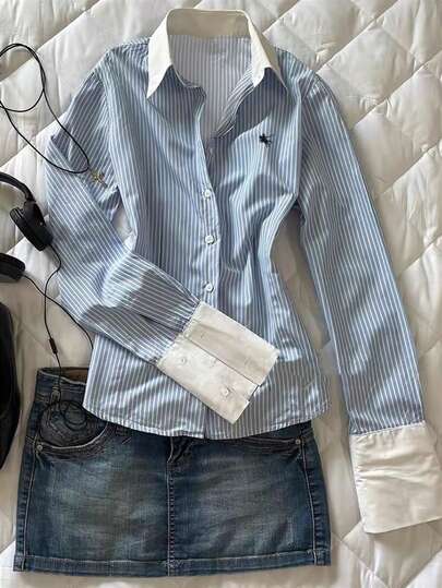 INAWLY 女式拼色蓝条纹长袖衬衫