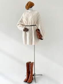 Auralis 大码女式秋冬时尚休闲宽松舒适日常柔软杏色扭结长袖套头毛衣，秋季，冬季，女式冬季毛衣 - 杏色 - 查看 5