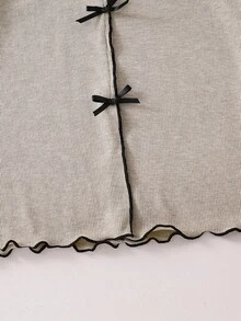 Beige,Summer,Cute,Family Matching,Graduation Teen Girls' Contrast Trim Pajama Set,3D Bow Collar Ribbed Texture Outfit,Comfortable Fall&Winter Gift - Apricot - View 7