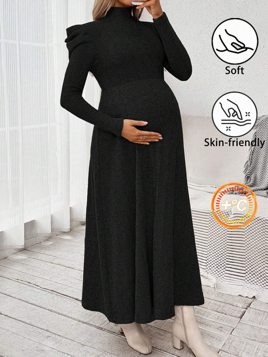 SHEIN Váy cổ lệch màu trơn thanh lịch cho tiệc bà bầu - màu đen - Xem 1