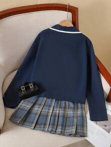 SHEIN 1 套时尚少女春秋学院风撞色领长袖 T 恤夹克 + 褶皱经典格子裙套装，适合旅行、上学、户外、刺绣设计、休闲日常穿着 - 彩色 - 查看 2