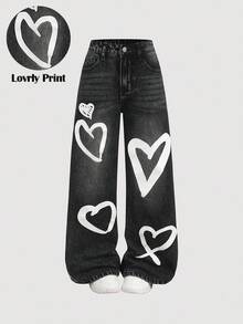 Girlism Jeans anchos y sueltos de mezclilla negros con patrón de corazones blancos de moda Y2K para niña preadolescente, para otoño e invierno, uso diario, Halloween, Navidad