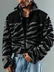 ROMWE MEN Street Life 男士斑马纹长袖拉链抓绒外套，秋冬款 - 黑色 - 查看 1