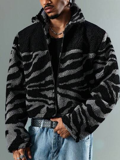 Grunge Punk Veste polaire zippée à manches longues avec imprimé zébré pour hommes, automne/hiver