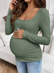 SHEIN Maternity Autumn Simple Solid Color Ribbed Fitted Crew Neck Long Sleeve T-Shirt - Green - View 7