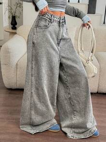 Rivivi Women's Fashion Eyelet Belt Loop Straight Loose Fit Denim Jeans