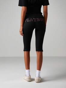 Missguided x Playboy Rhinestone Logo Capri Leggings With Studded Embellishment Details High Waisted Stretch Pants - Black - View 5