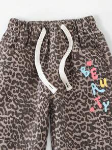 女童牛仔裤，腰部有抽绳，印花图案可爱，休闲宽松阔腿牛仔裤，带口袋，适合搭配长袖/短袖上衣和夹克，舒适的棉质面料，四季皆宜 - 咖啡棕 - 查看 4