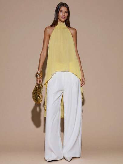 SHEIN BAE Áo tank top cổ yếm bằng chiffon màu vàng kem trơn, kiểu dáng tối giản, gợi cảm, phù hợp cho tiệc tùng, cocktail, các dịp trang trọng, phù dâu, sinh nhật, áo chiffon thanh lịch, Giáng sinh, trang phục công sở thường ngày.