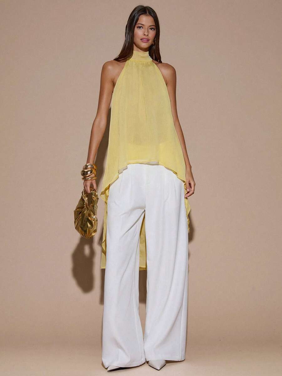 SHEIN BAE 性感简约纯色奶油黄雪纺吊带背心，适合派对、鸡尾酒会、正式场合、伴娘、生日、优雅雪纺上衣、圣诞节、商务休闲等场合。 - 淡黃色 - 查看 1