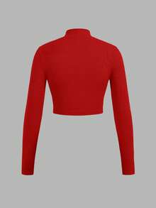 SHEIN EZwear 3pcs Women Zip-Up Ribbed Fabric Mock Neck Long Sleeve T-Shirt Set, Suitable For Spring & Autumn