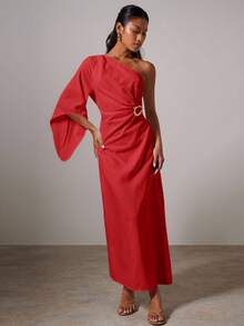 COSMINA 女士优雅金属扣不对称连衣裙 - 紅色 - 查看 4