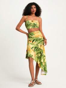 CAJUNI Women's Tropical Print Cropped Camisole And Ruched Waist Asymmetric Hem Skirt Set, Beach Skirt Set, Vacation Outfits Woman Skirt Set, Tropical Two Piece Set, Summer Skirt And Top Set, Beach Two Piece Set, Vacation Outfits Woman 2 Piece, Summer Two Piece Set Vacation - Yellow - View 9