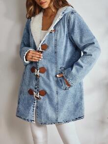 EMERY ROSE 女士秋冬长袖连帽牛仔外套，纽扣闭合，加厚牛仔面料，带保暖内衬 - 藍色 - 查看 3