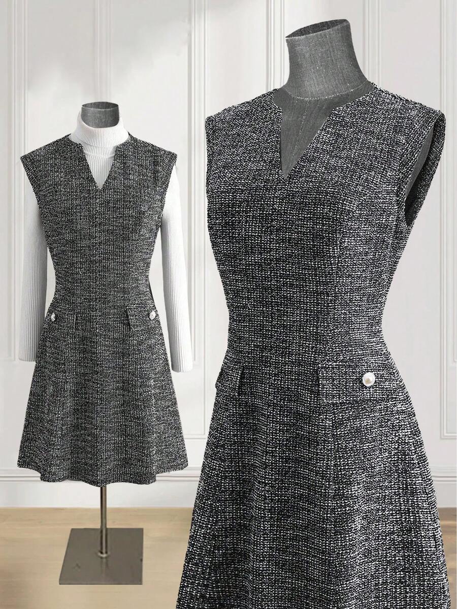 SHEIN Franclia Vestido casual sin mangas con escote en pico para mujer - Negro - Ver 1