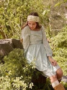 Teen Girls' Spring/Autumn Gingham Print Fitted Bubble Sleeve Crew Neck Casual Dress For Outing, Party, Vacation - Baby Blue - View 4