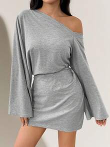 SHEIN PETITE Váy ngắn tay chuông cổ lệch màu thời trang dành cho nữ, hở vai, váy đi chơi, váy mùa thu dành cho nữ - Xám - Xem 3