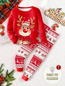 2 件女童圣诞驯鹿睡衣套装，舒适贴身柔软圆领长袖上衣和长裤，可爱的节日睡衣，圣诞节和新年礼物推荐 - 紅色 - 查看 3