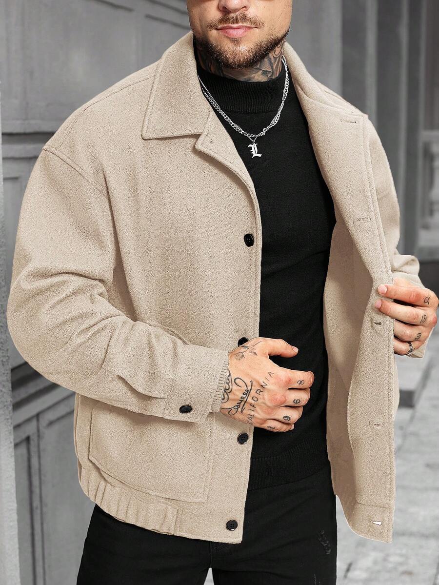 Manfinity Homme 男士时尚休闲单排扣长袖大衣，秋季/冬季 - 杏色 - 查看 1