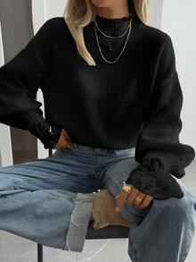 DAZY 秋季新款宽松休闲蕾丝拼接女式毛衣 - 黑色 - 查看 2