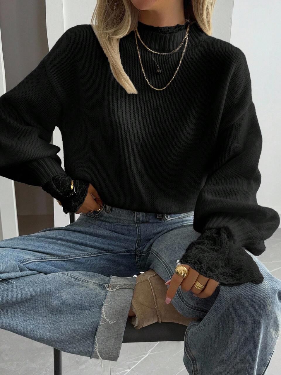 Autumn New Loose Casual Lace Patchwork Women Sweater