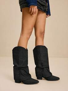 Daringsoles Women's Pointed Toe Western Style Ruched Chunky Heel Boots For Christmas