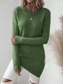 EMERY ROSE Women's Crew Neck Solid Color Drop Shoulder Long Sleeve Casual Knit Pullover Sweater - Army Green - View 6
