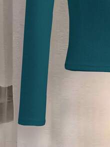 Franclia 女式法式时尚休闲 V 领针织吊带背心，长袖百搭秋冬上衣 - 水鴨藍 - 查看 3