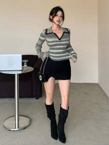 DAZY 女士时尚休闲修身性感针织毛衣，彩色扎染条纹撞色拼接毛绒半拉链套头衫，秋冬 - 灰色 - 查看 6