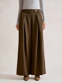 Aalyst Women's Elegant,Luxurious Dark Green Autumn Trousers,Work Office Minimalist Wide Leg Linen Fabric Pants With Waist Pleats,Metal Decor For Spring - Brown - View 4