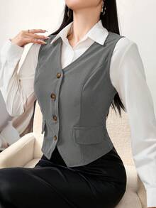 Modelyn 女士休闲通勤纯色无袖西装外套 - 淺灰色 - 查看 6