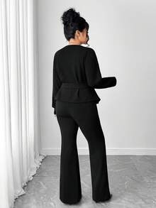 Elenzga Damen elegantes Set mit V-Ausschnitt Langarmoberteil mit Bindegürtel und weiter Hose, 2-teilig - Schwarz - Übersicht 2