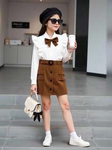 SHEIN Tween Girl Butterfly Decor Patchwork Ruffle Hem Long Sleeve Shirt And Mini Skirt Casual Set - Brown - View 9