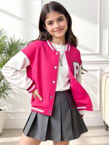 SHEIN 青少年女孩休闲日常撞色字母植绒纽扣棒球夹克