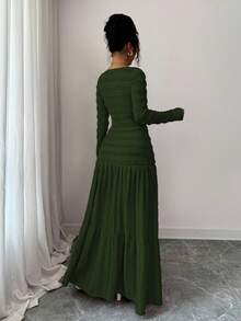 Selianne 女式粉色纹理面料休闲度假风格长袖方领纽扣上衣和超长 A 字裙两件套，秋季 - 軍綠色 - 查看 2