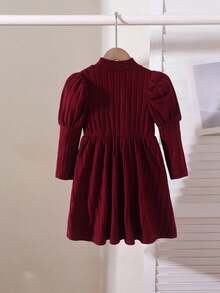 Robe pull à col roulé en tricot côtelé pour jeunes filles, manches gigot + nœud décoratif de couleur contrastée, robe minimaliste et convenant pour le printemps et l'automne - Rouge foncé - Voir 2