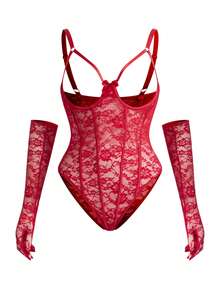 SpicyHot Bộ 3 món: Bộ đồ lót ren cỡ lớn có gọng + Găng tay - Đỏ - Xem 1