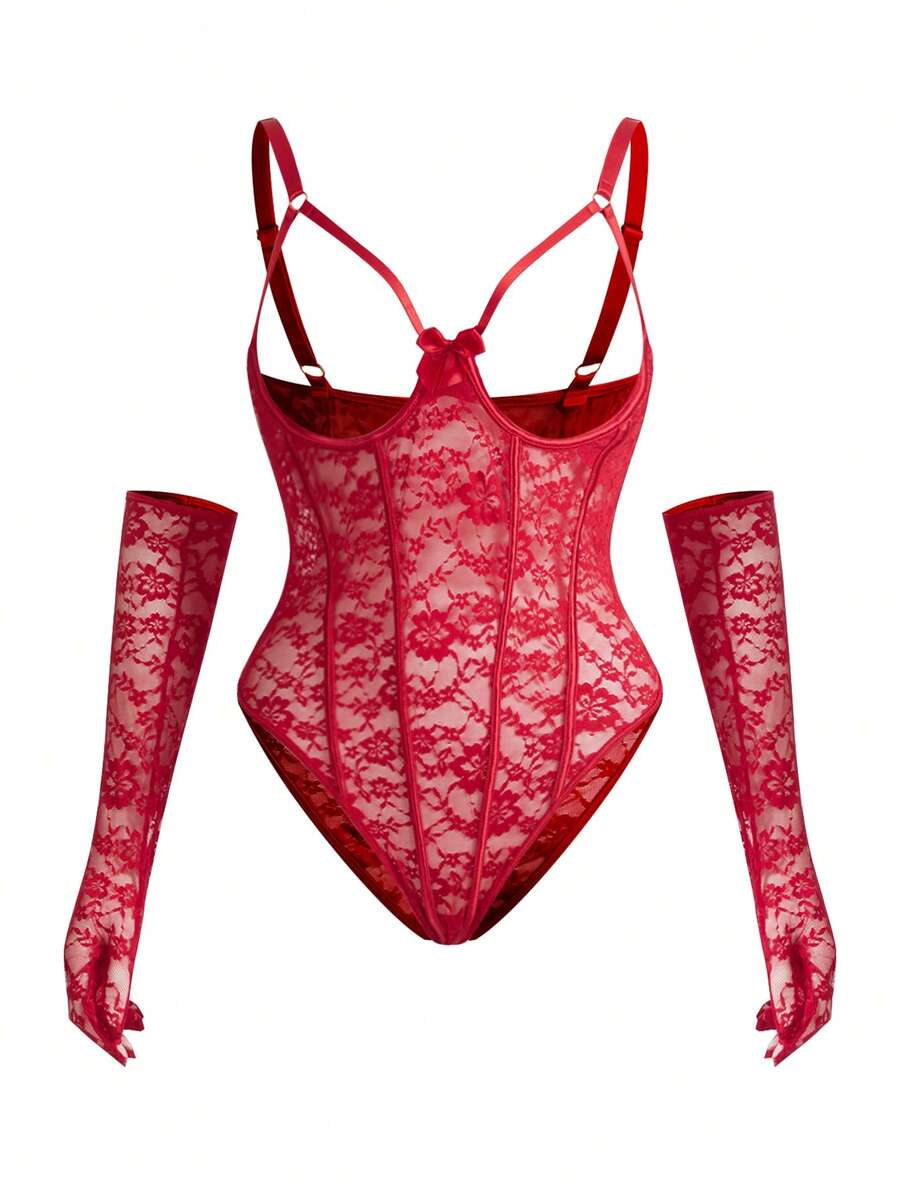 SpicyHot Bộ 3 món: Bộ đồ lót ren cỡ lớn có gọng + Găng tay - Đỏ - Xem 1