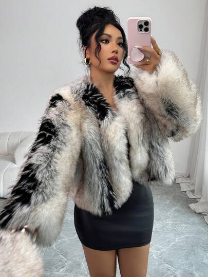 Rafferiza Fashionable Heavy-Duty Black & White Short Faux Fur Jacket, Women