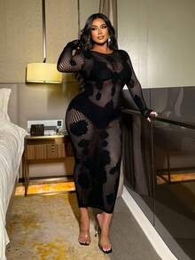 NU&NOW 大码女式性感渔网透视弹力长裙，秋季 - 黑色 - 查看 5