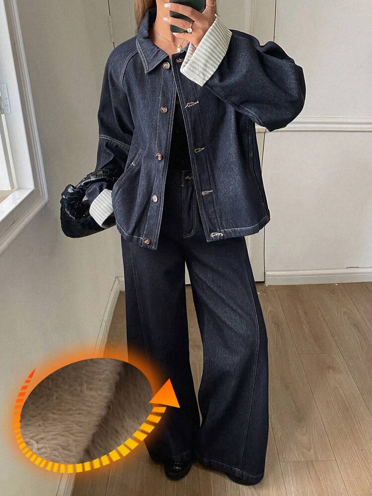 Women's Thickened Western Cowboy Loose Long Sleeve Shacket With Patchwork Cuffs And Straight Leg Pants Casual Street Autumn/Winter Suit Thermal Lined