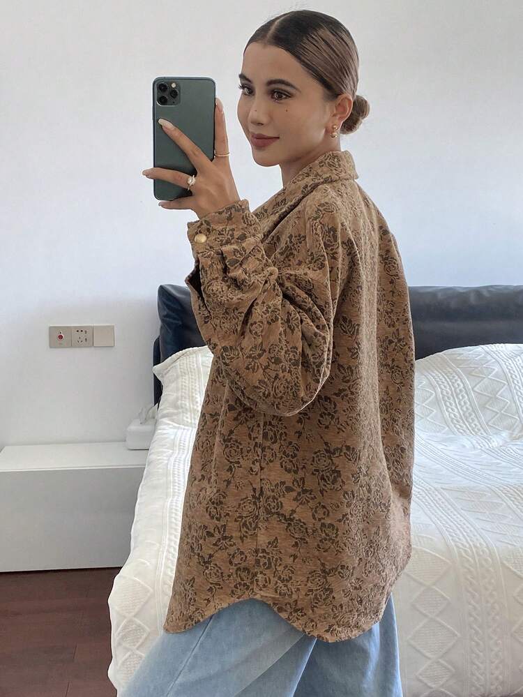 Women's Loose Fit Floral Jacquard Fabric Long Sleeve Casual Vintage Shirt, Autumn/Winter