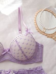 DelicateAllure Conjunto de bralette con parches de encaje de malla en forma de corazón de lavanda y decoración de lazo - Púrpura malva - Ver 5