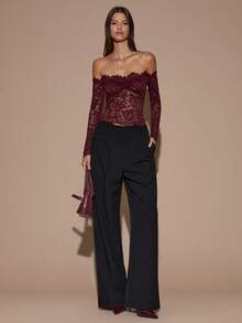 SHEIN BAE Women's Lace Sexy Sheer Hollow Out Off-Shoulder Long Sleeve Top, Wine Red, Day Of The Dead, Autumn/Winter Layering,Red Top,Christmas,Red Tops For Women,Valentine's Day,Valentine Outfits For Women - Burgundy - View 3