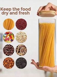 Recipiente hermético cuadrado para almacenamiento de alimentos con tapa de bambú - Canister transparente para cereales/té de cocina - transparente - Ver 1